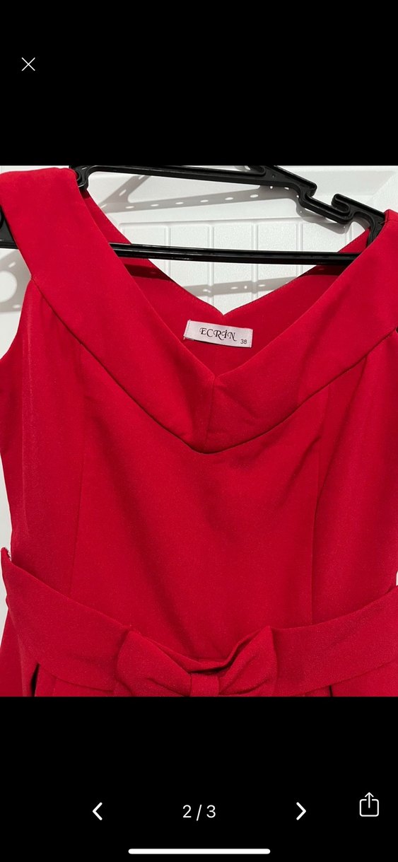 Kırmızı Midi Kemerli Abiye Elbise - Görsel 2