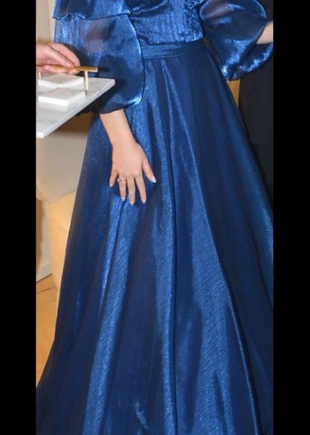 Mavi Drapeli Uzun Straplez Abiye Elbise - Görsel 4