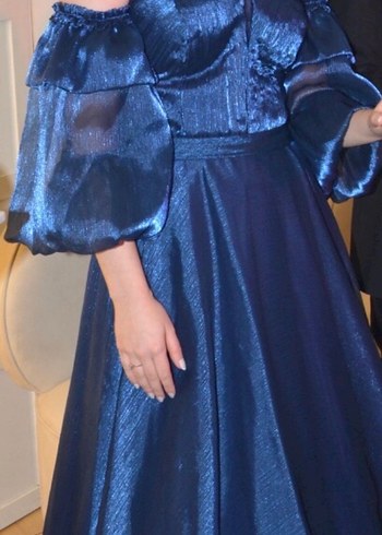 Mavi Drapeli Uzun Straplez Abiye Elbise - Görsel 3