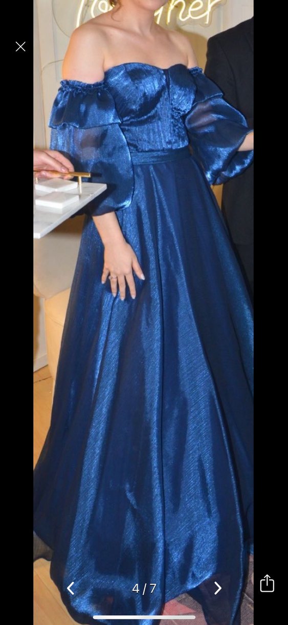 Mavi Drapeli Uzun Straplez Abiye Elbise - Görsel 4