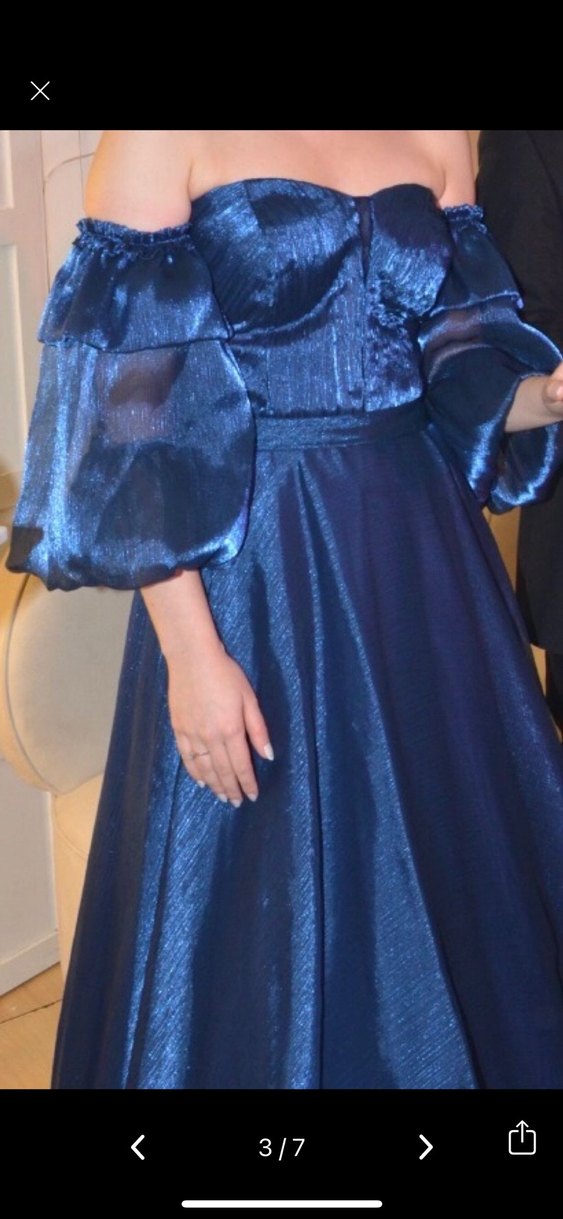 Mavi Drapeli Uzun Straplez Abiye Elbise - Görsel 3