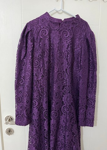 Uzun Kollu Mor Dantel Vintage Elbise - Görsel 2