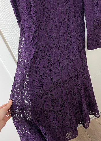 Uzun Kollu Mor Dantel Vintage Elbise - Görsel 3