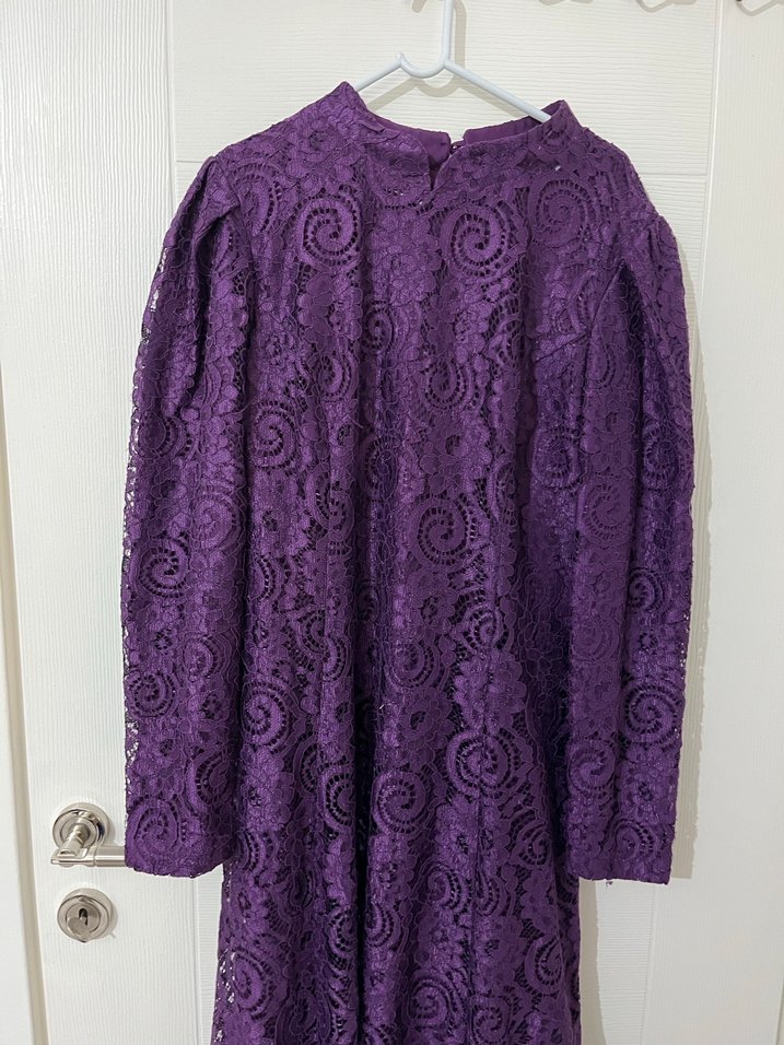 Uzun Kollu Mor Dantel Vintage Elbise - Görsel 2