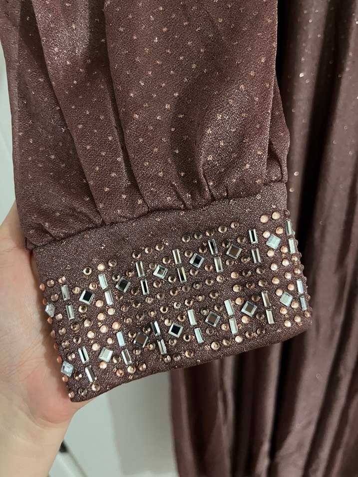 Bordo Uzun Drapeli Vintage Abiye Elbise - Görsel 5