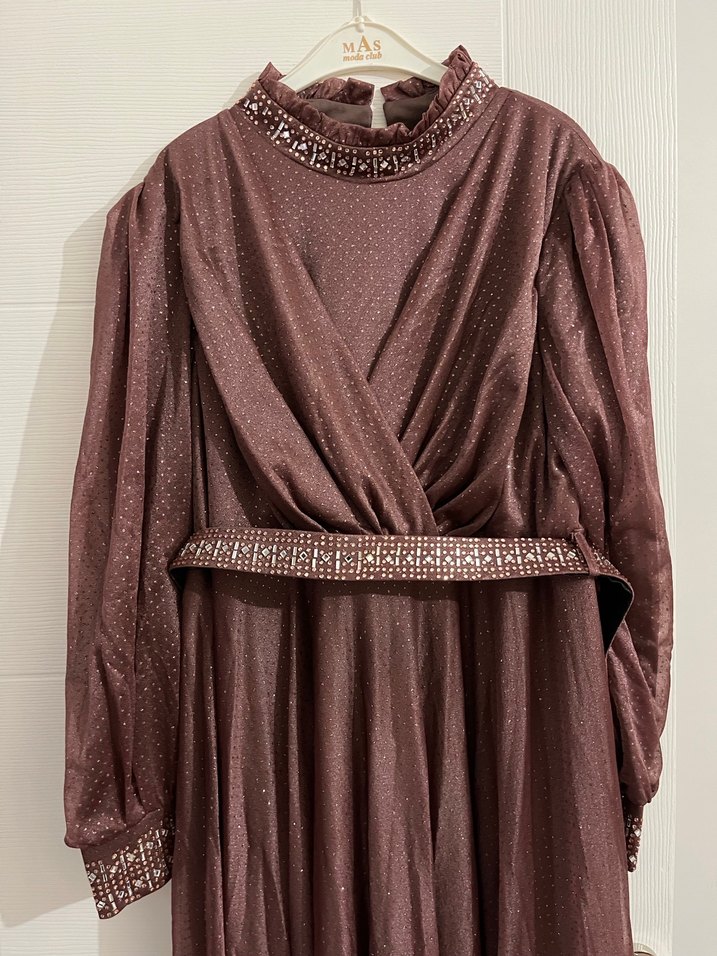 Bordo Uzun Drapeli Vintage Abiye Elbise - Görsel 3