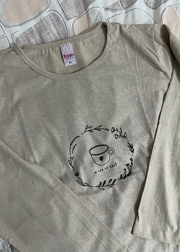 Bej Baskılı Pamuklu  Uzun Kollu Gecelik - Görsel 3