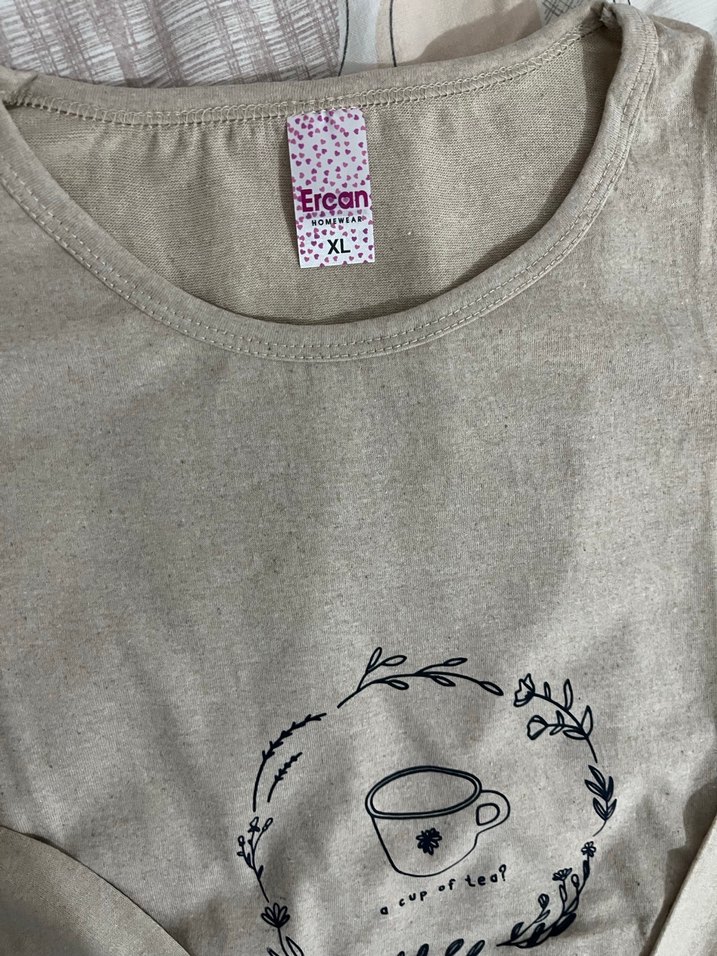 Bej Baskılı Pamuklu  Uzun Kollu Gecelik - Görsel 2