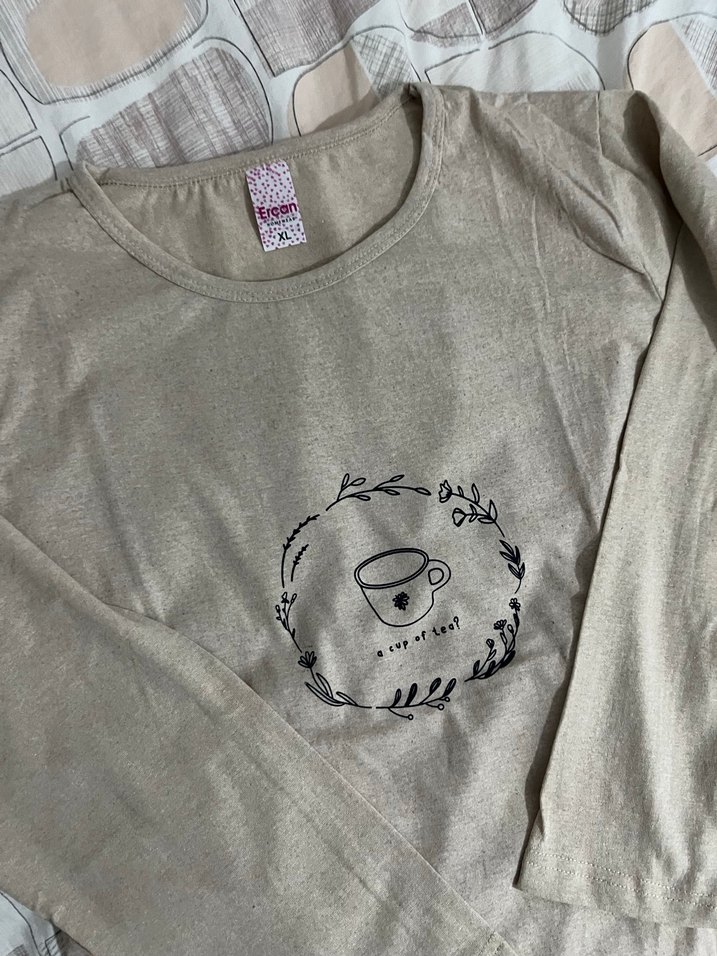 Bej Baskılı Pamuklu  Uzun Kollu Gecelik - Görsel 3