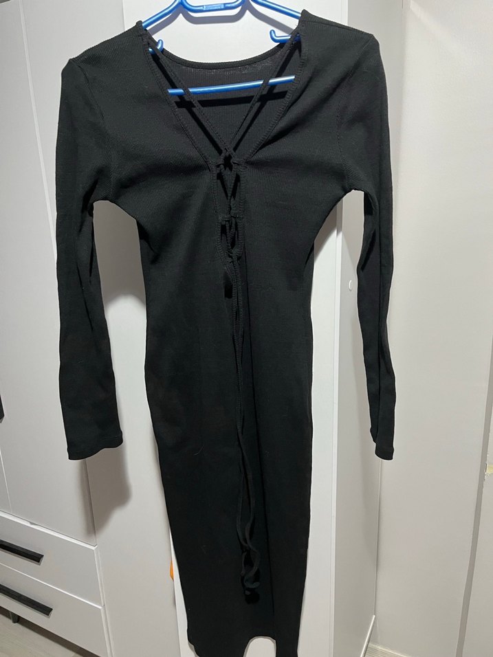 Uzun Kollu Siyah Basic Uzun Elbise - Görsel 4