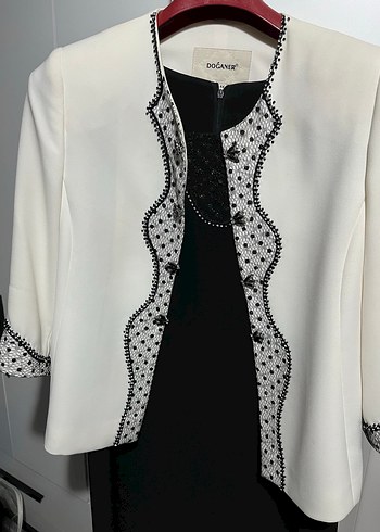 Beyaz Nakışlı Ceketli Uzun Kadın Ceket Elbise - Görsel 2