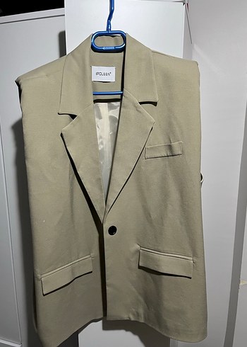 Düğmeli Bej Kolsuz Kadın Blazer Ceket - Görsel 2