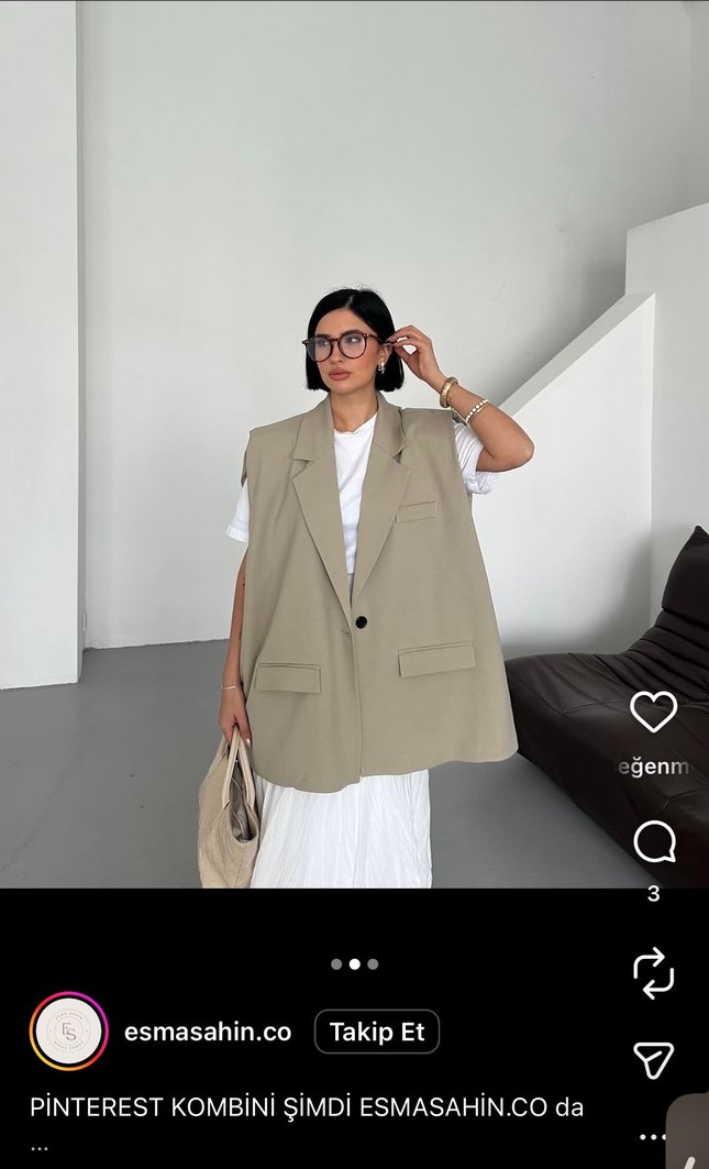 Düğmeli Bej Kolsuz Kadın Blazer Ceket - Görsel 4