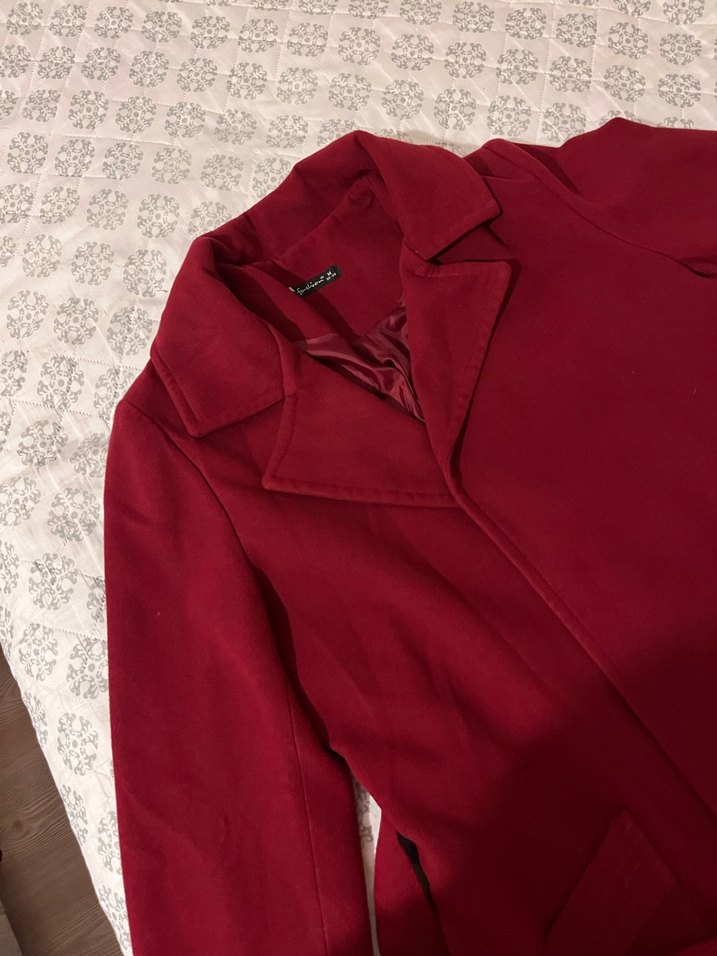 Bordo Uzun Kadın Klasik Kemerli Kaban - Görsel 3