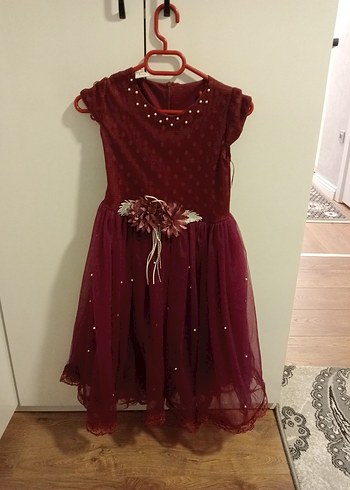 Bordo Nakışlı Kız Çocuk Elbise