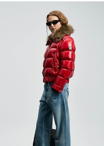 Kürklü Yakalı Kırmızı Kadın Deri Mont - Görsel 3