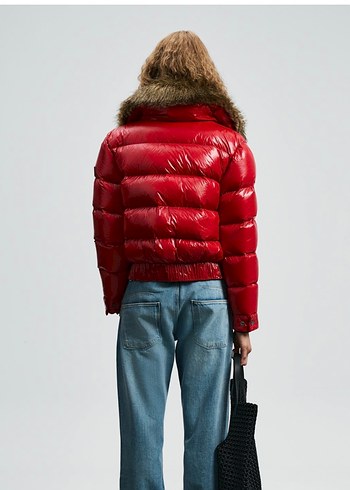 Kürklü Yakalı Kırmızı Kadın Deri Mont - Görsel 4
