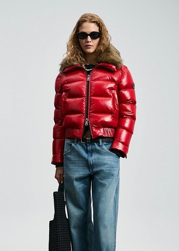 Kürklü Yakalı Kırmızı Kadın Deri Mont - Görsel 2