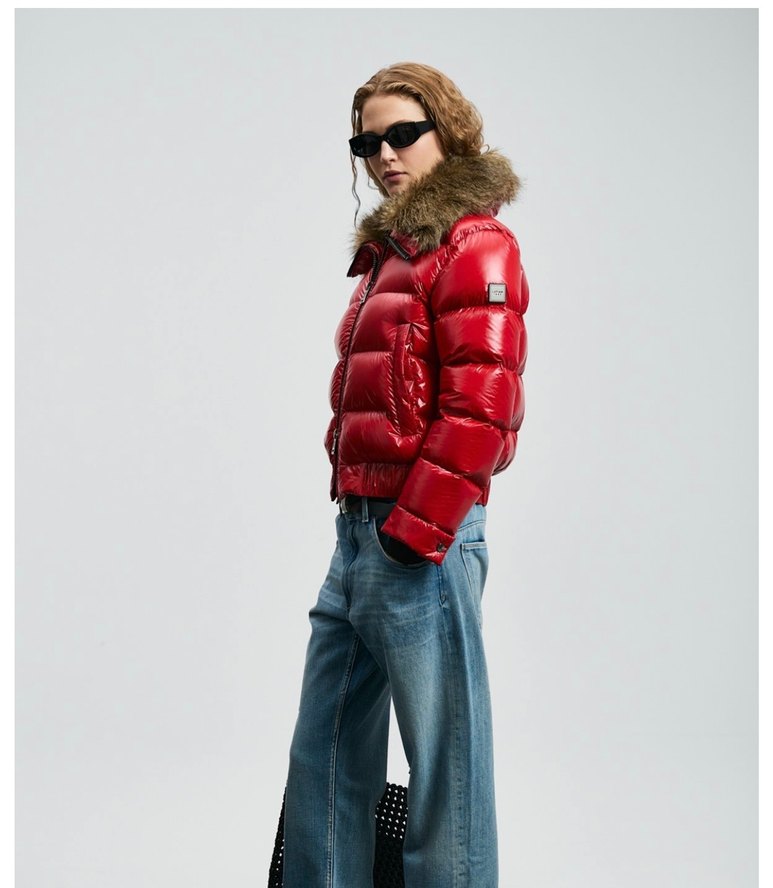 Kürklü Yakalı Kırmızı Kadın Deri Mont - Görsel 3