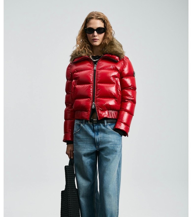 Kürklü Yakalı Kırmızı Kadın Deri Mont - Görsel 2