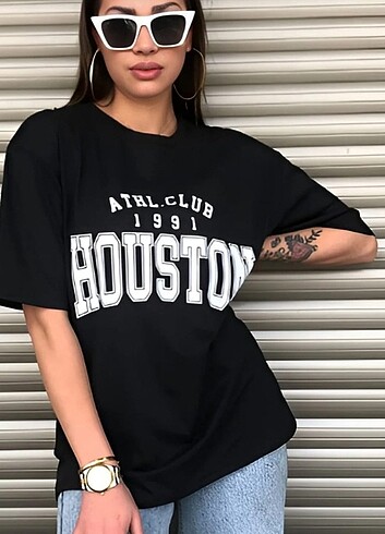 HOUSTON BASKILI OVERSİZE KADIN T-SHİRT 