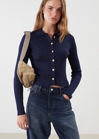 LC Waikiki Lacivert Fitilli Polo Triko Kazak