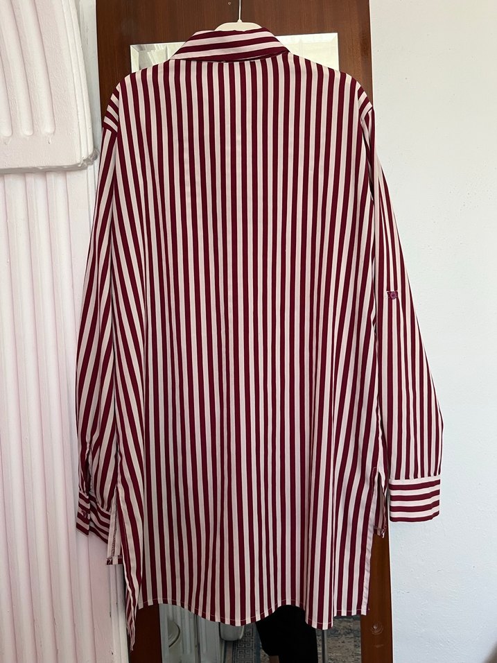 Bordo Çizgili Uzun Kollu Salaş Kadın Gömlek - Görsel 3
