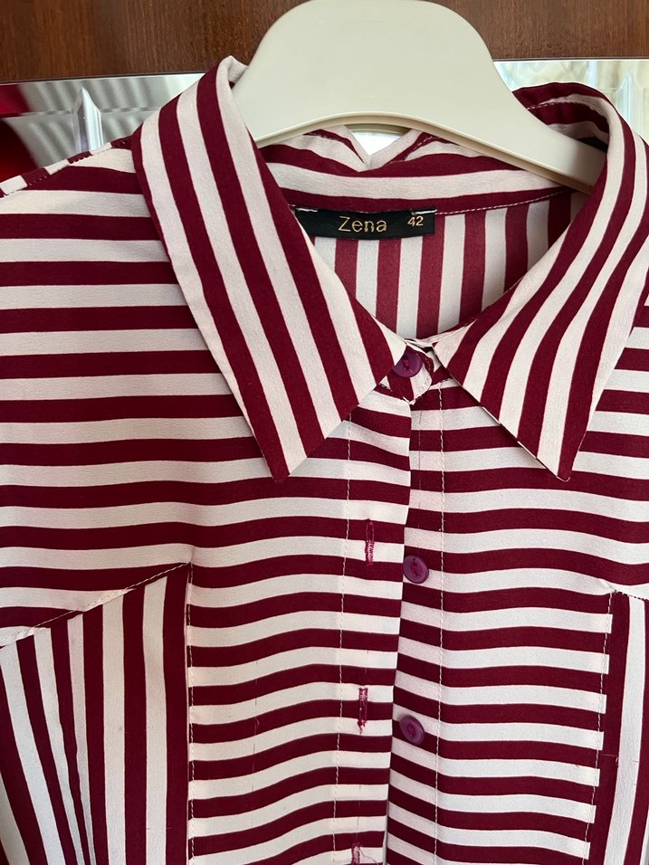 Bordo Çizgili Uzun Kollu Salaş Kadın Gömlek - Görsel 2