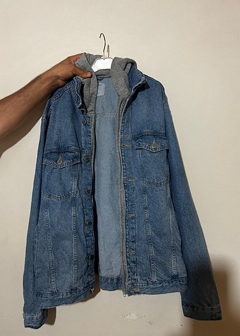Gri Kapüşonlu Mavi Denim Ceket - Görsel 5