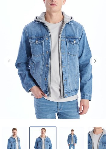 Gri Kapüşonlu Mavi Denim Ceket