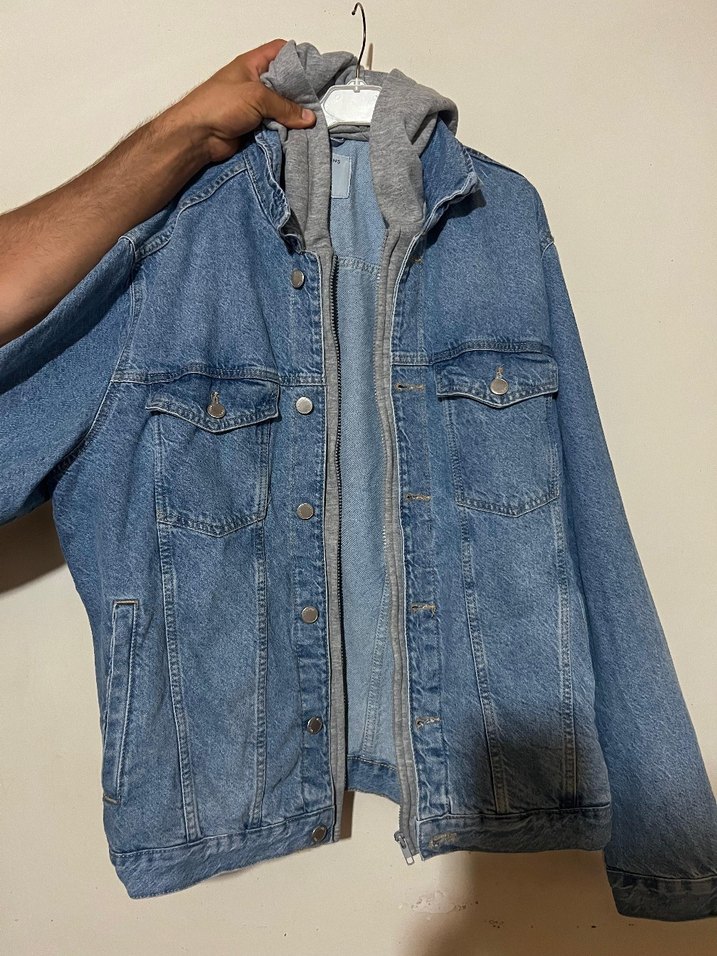 Gri Kapüşonlu Mavi Denim Ceket - Görsel 4