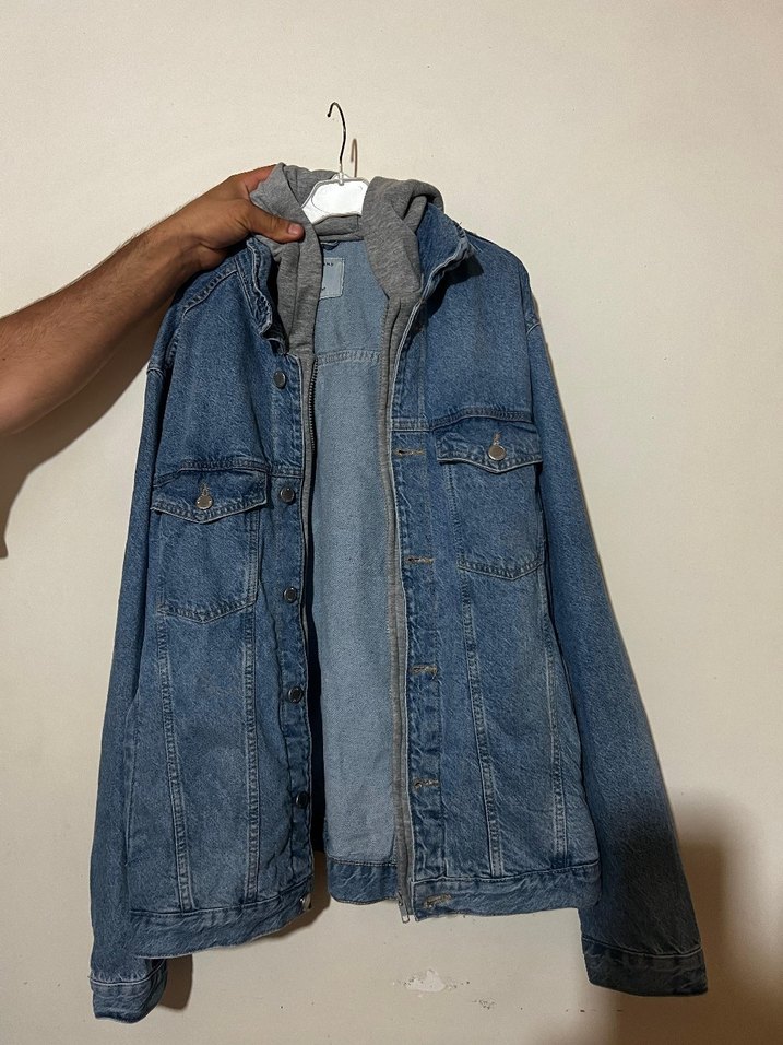 Gri Kapüşonlu Mavi Denim Ceket - Görsel 5