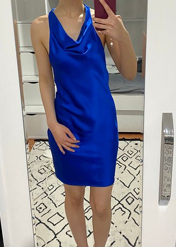 Parlak Mavi V Yakalı Midi Kokteyl Elbisesi - Görsel 2