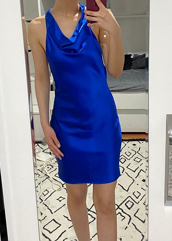 Parlak Mavi V Yakalı Midi Kokteyl Elbisesi - Görsel 4