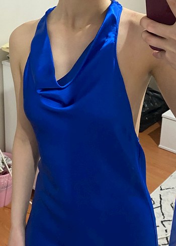 Parlak Mavi V Yakalı Midi Kokteyl Elbisesi - Görsel 5