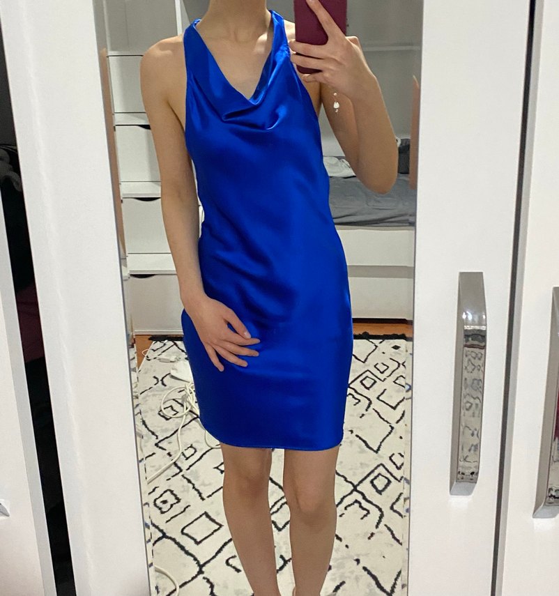 Parlak Mavi V Yakalı Midi Kokteyl Elbisesi - Görsel 2