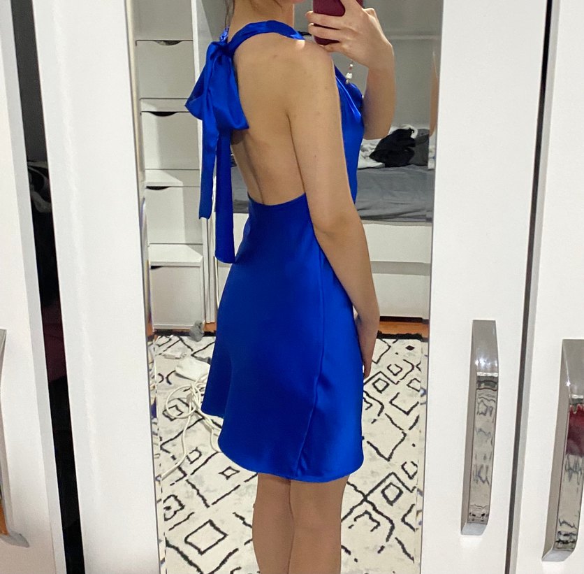 Parlak Mavi V Yakalı Midi Kokteyl Elbisesi - Görsel 3