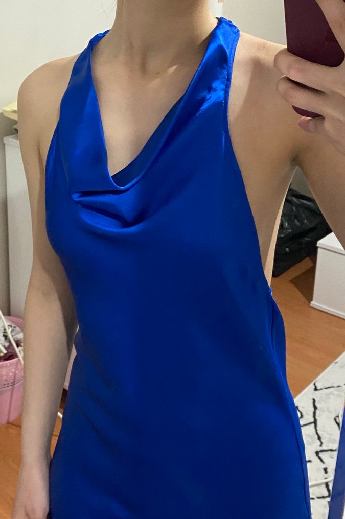 Parlak Mavi V Yakalı Midi Kokteyl Elbisesi - Görsel 5