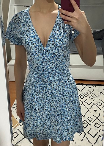 Mavi V Yakalı Bohem Midi Elbise - Görsel 2