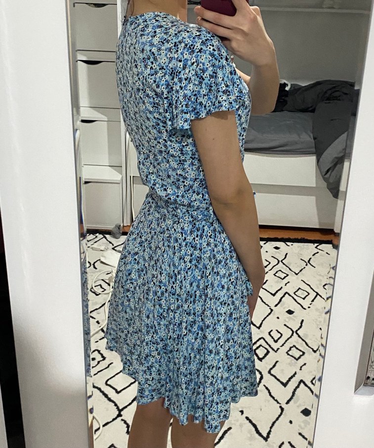 Mavi V Yakalı Bohem Midi Elbise - Görsel 3