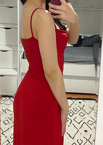 Kırmızı Drapeli Uzun Abiye Elbise - Görsel 2