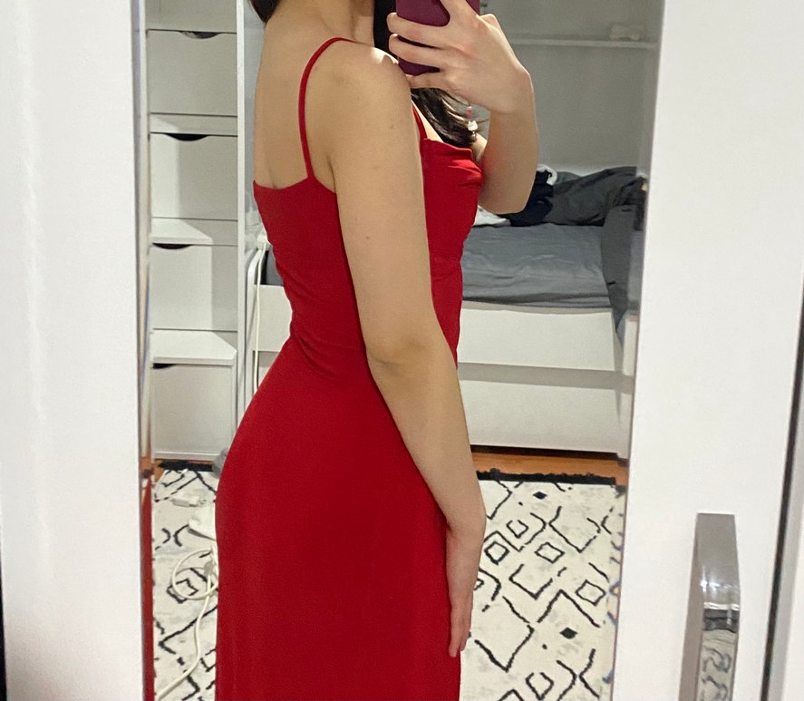 Kırmızı Drapeli Uzun Abiye Elbise - Görsel 2