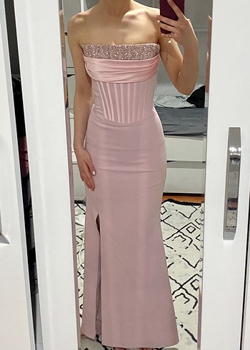 Pembe Straplez Uzun Abiye Elbise - Görsel 2