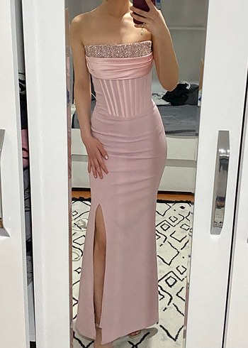 Pembe Straplez Uzun Abiye Elbise - Görsel 4