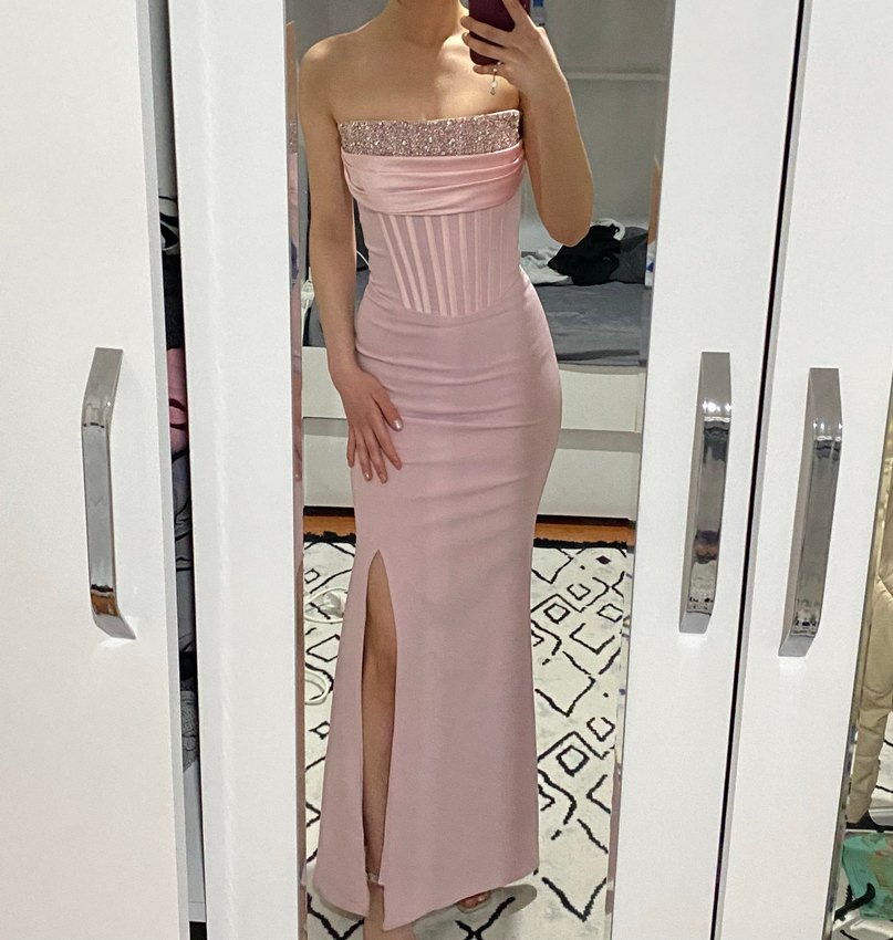 Pembe Straplez Uzun Abiye Elbise - Görsel 4