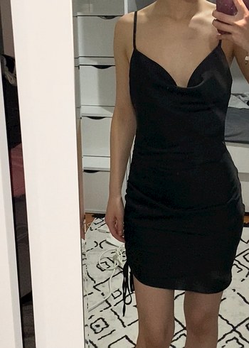 Siyah Yılan Desenli Drapeli Saten Mini Elbise - Görsel 3