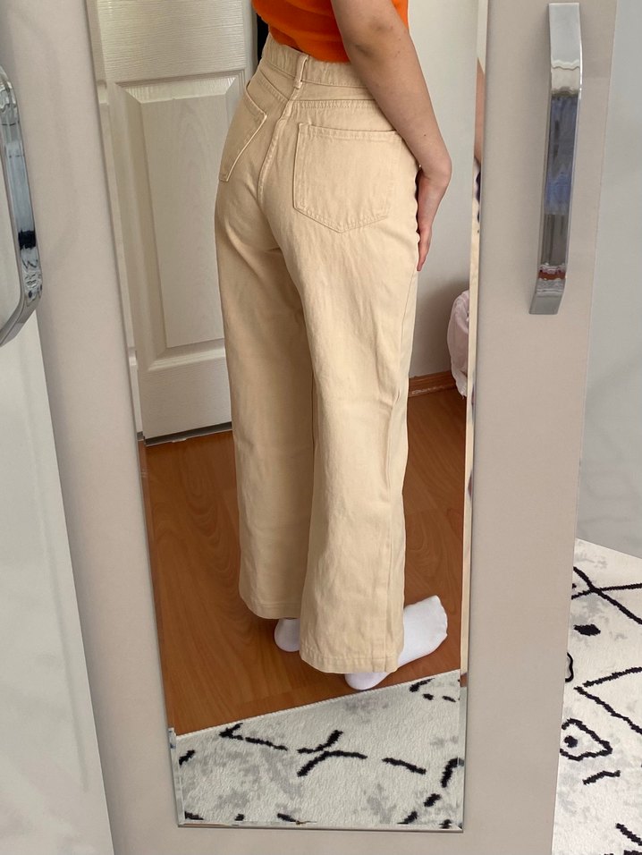 Düğmeli Bej Kadın Kot Pantolon - Görsel 3