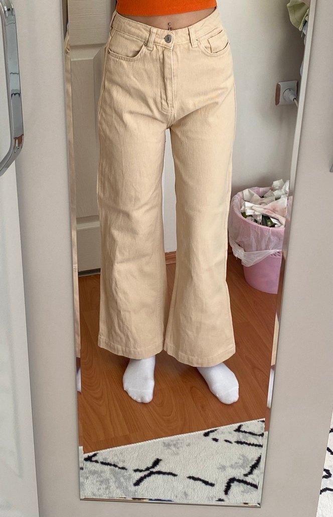 Düğmeli Bej Kadın Kot Pantolon - Görsel 4