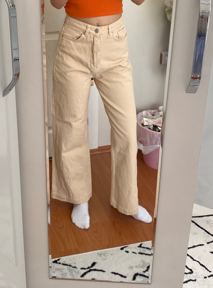 Düğmeli Bej Kadın Kot Pantolon - Görsel 5