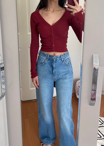Diğer Bordo Düğmeli Crop-Gömlek